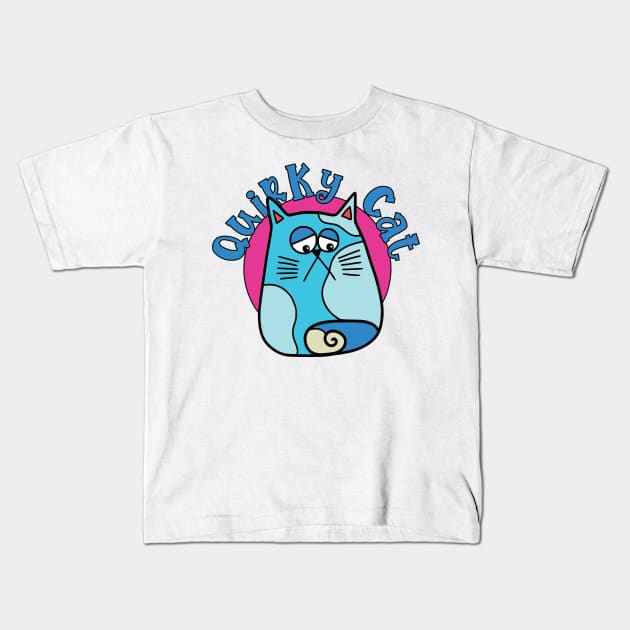 Quirky Cat Sad Blue Cat Kids T-Shirt by Dallen Fox